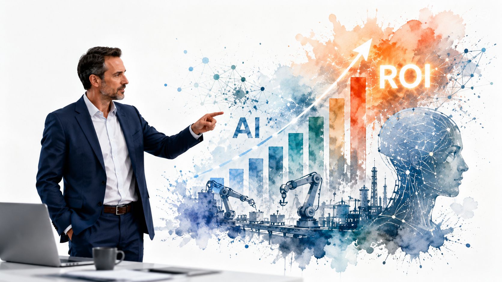 A professional businessman presenting a digital illustration of AI technology and manufacturing growth, indicating increasing business ROI.