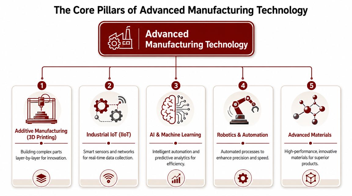 A diagram illustrating the five core pillars of advanced manufacturing technology, including AI, IoT, and robotics.