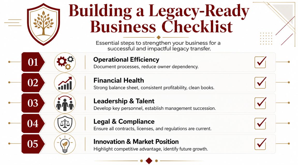 A checklist infographic titled Building a Legacy-Ready Business with five essential steps for business success.