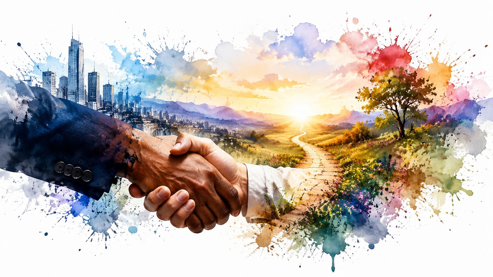 A artistic handshake connecting a cityscape background with a scenic country path leading to a bright sunset.