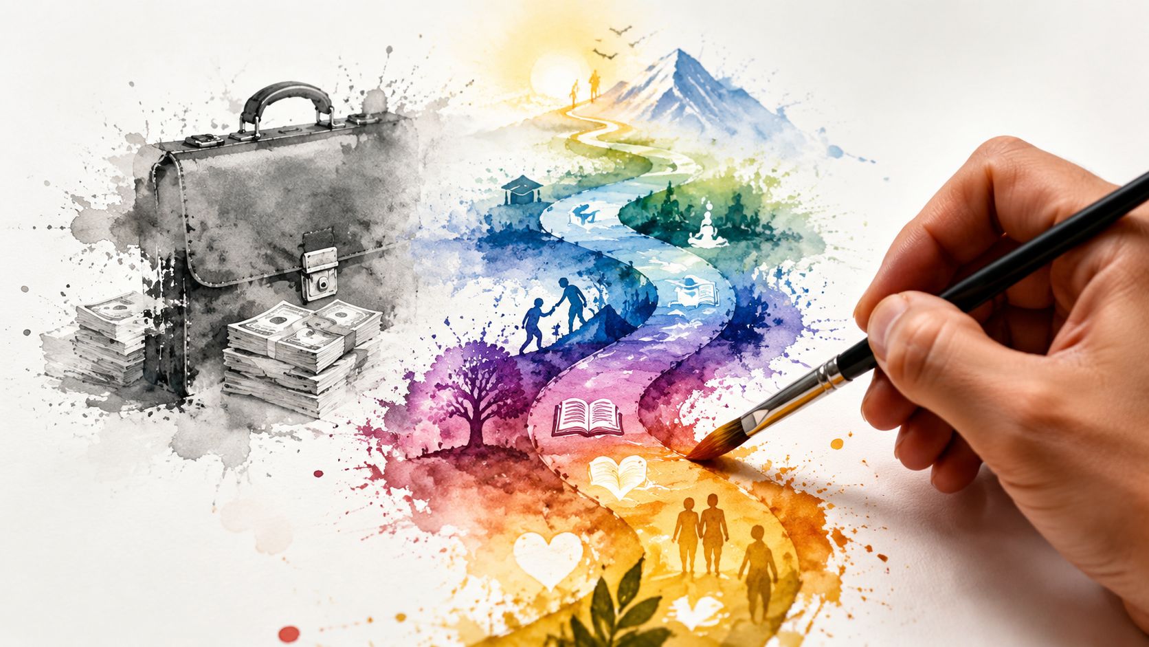 A hand painting a colorful journey of life and growth emerging from a black and white briefcase.
