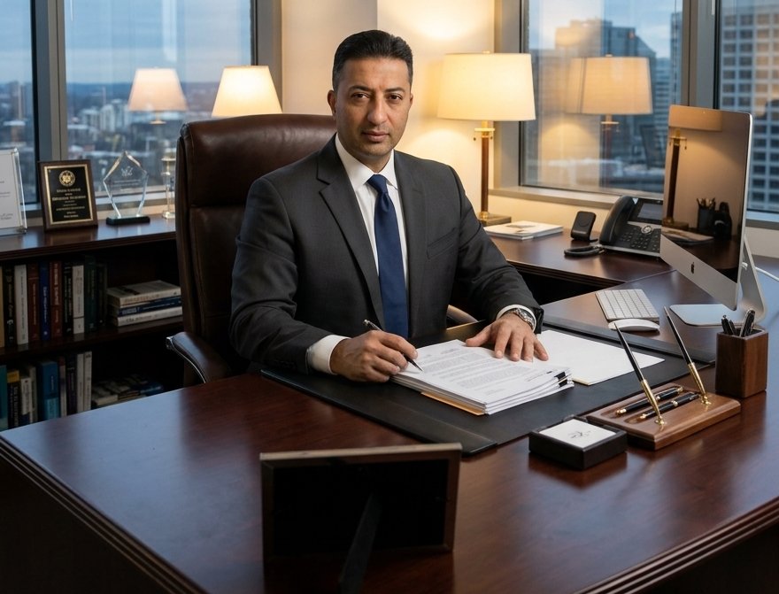 Professional man in a suit reviewing documents at a spacious wooden desk in a modern office.