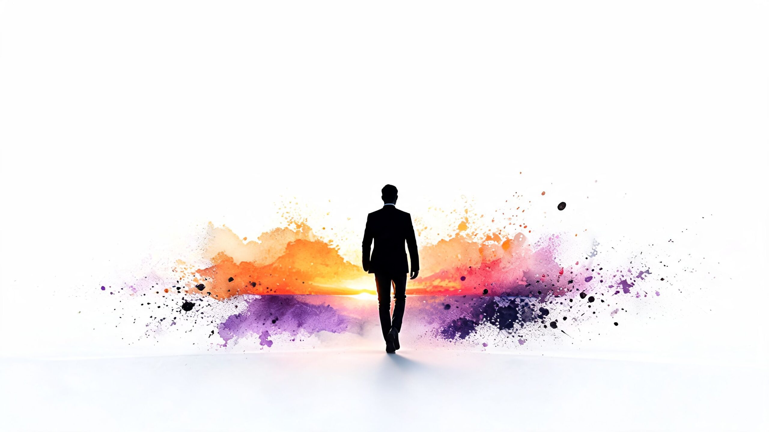 A silhouette of a professional in a suit walking towards a vibrant, watercolor-style sunrise background.