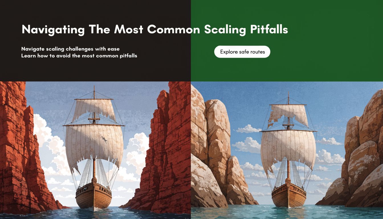A conceptual graphic illustrating business scaling strategy featuring two ships sailing through narrow rocky channels.