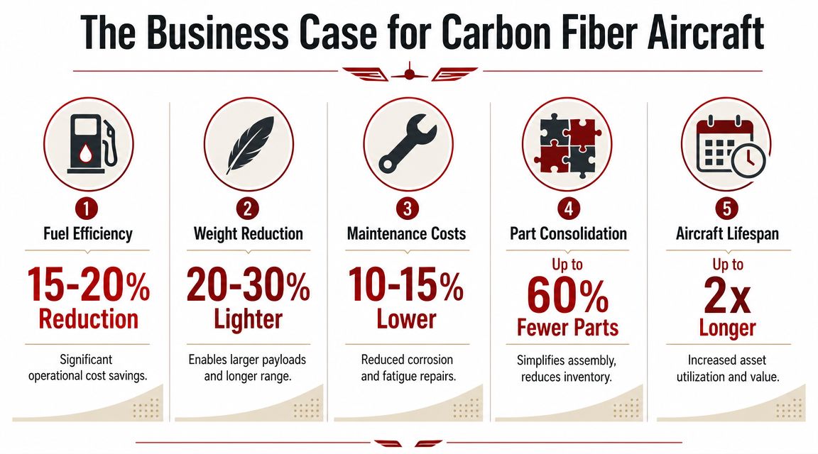 An infographic detailing the five key business advantages of using carbon fiber materials in modern aircraft manufacturing.