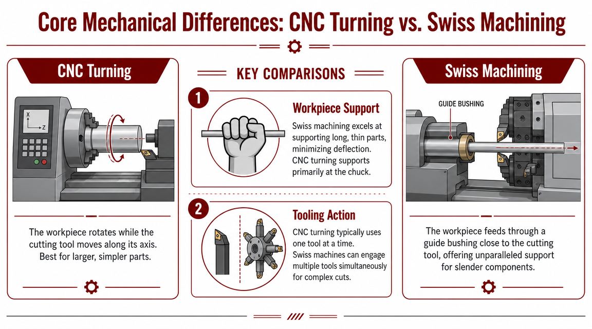 An infographic comparing mechanical differences between traditional CNC turning and Swiss machining processes for manufacturing parts.