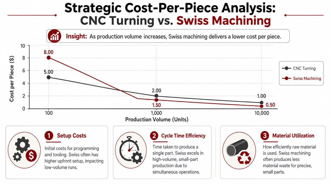 Line graph showing how cost per piece decreases as production volume increases for CNC turning and Swiss machining.