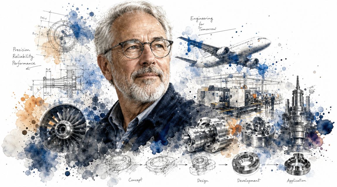 A professional engineer with engineering sketches and aircraft components showcasing precision manufacturing and industrial development process.