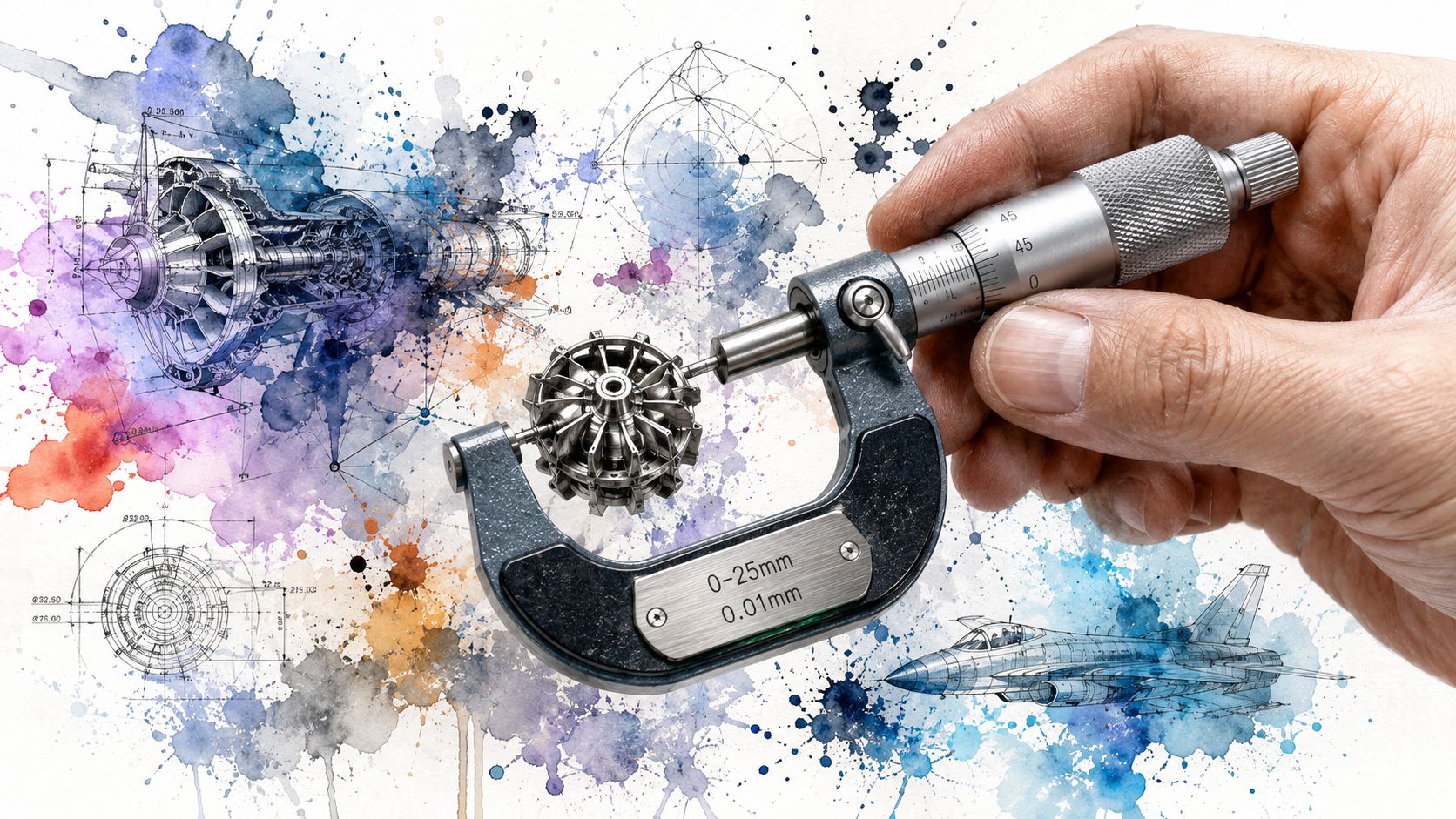 A mechanical engineer uses a micrometer to measure a small turbine part against technical engineering blueprints.