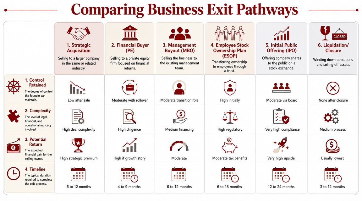 A comparison chart outlining six different business exit pathways including acquisition, IPO, and liquidation strategies.