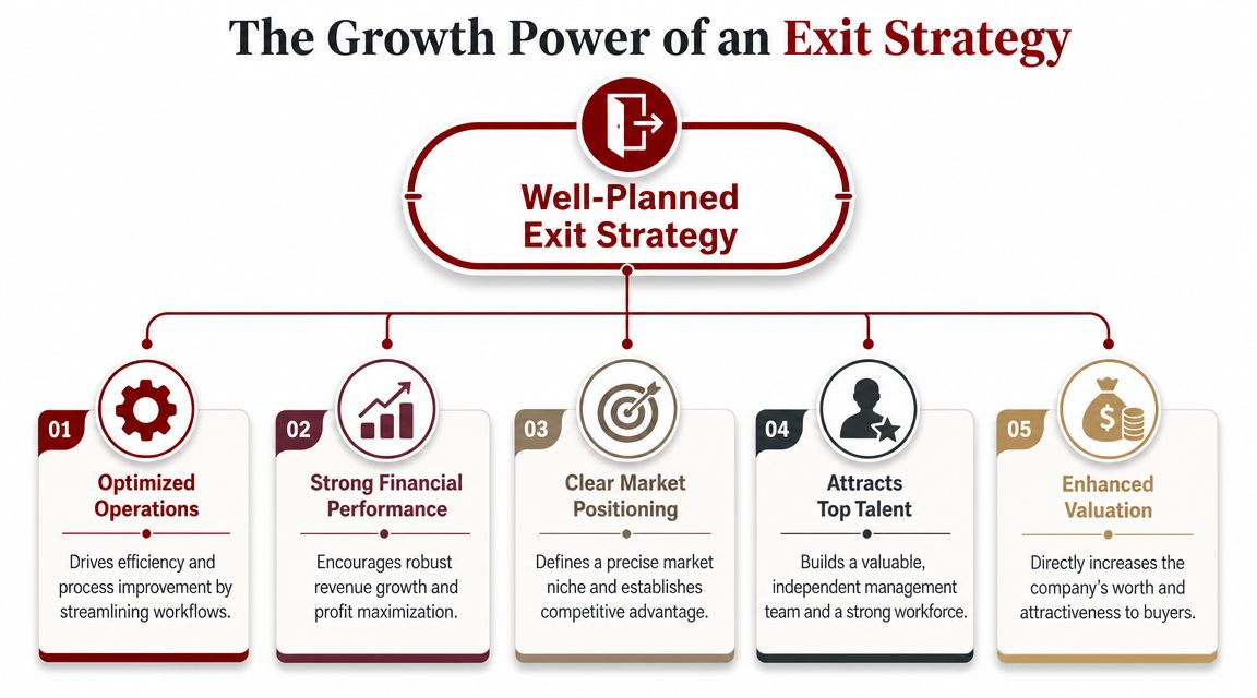 A diagram illustrating the five key benefits of a well-planned business exit strategy, including operations and valuation.