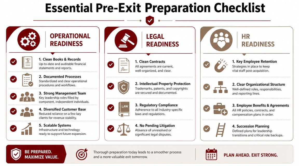 An infographic titled Essential Pre-Exit Preparation Checklist outlining key operational, legal, and HR steps for business owners.