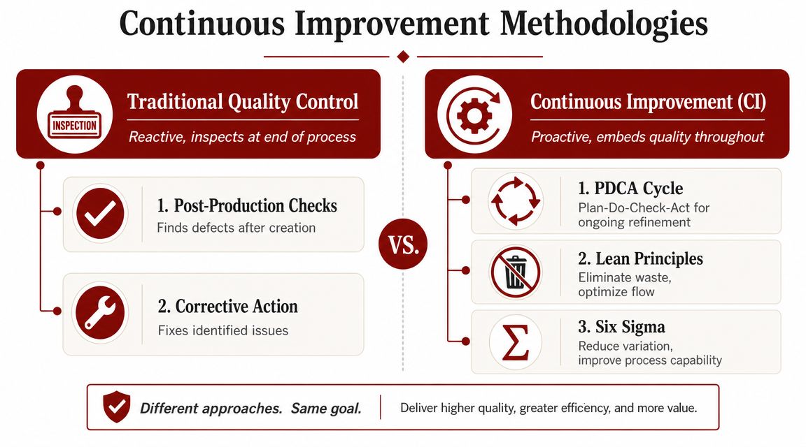 A comparison chart showing the differences between traditional quality control and continuous improvement manufacturing methodologies.