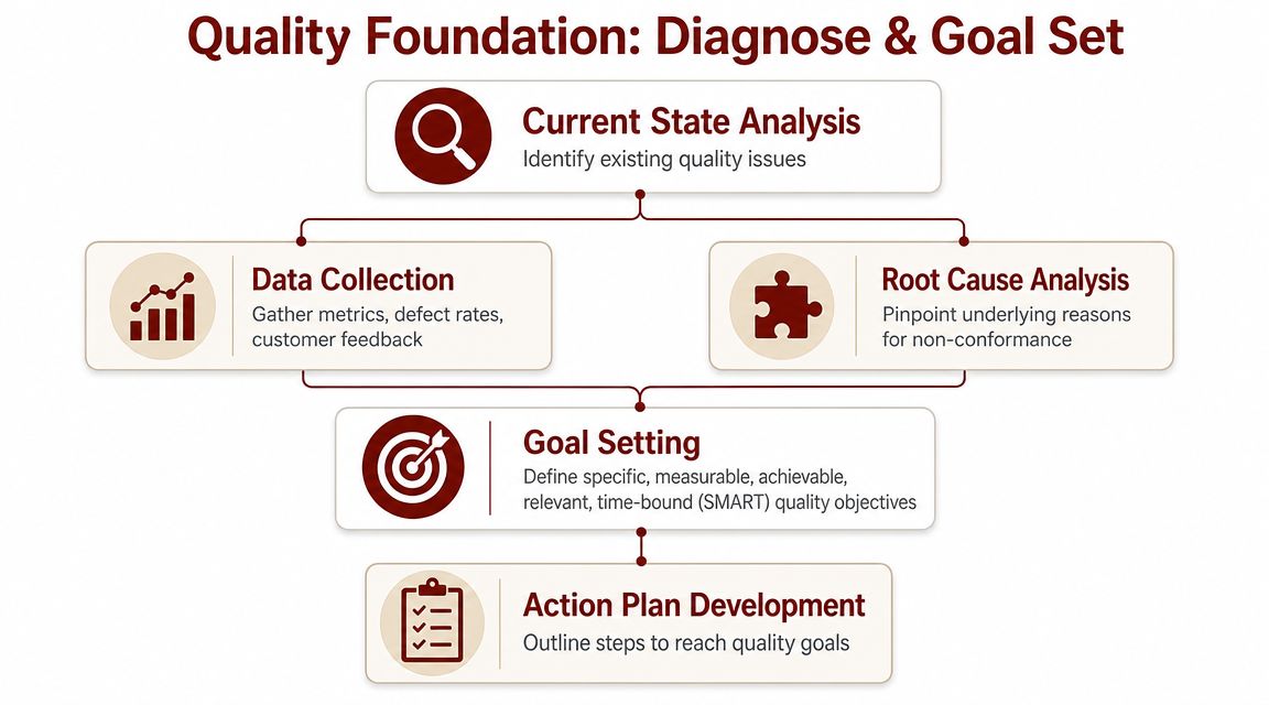A flowchart diagram illustrating the steps for diagnosing quality issues and setting effective goals in manufacturing.