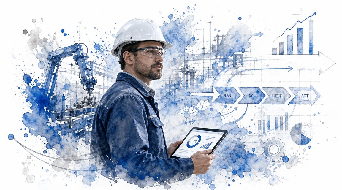 A professional engineer in a hard hat holding a digital tablet with manufacturing and data analysis graphics.