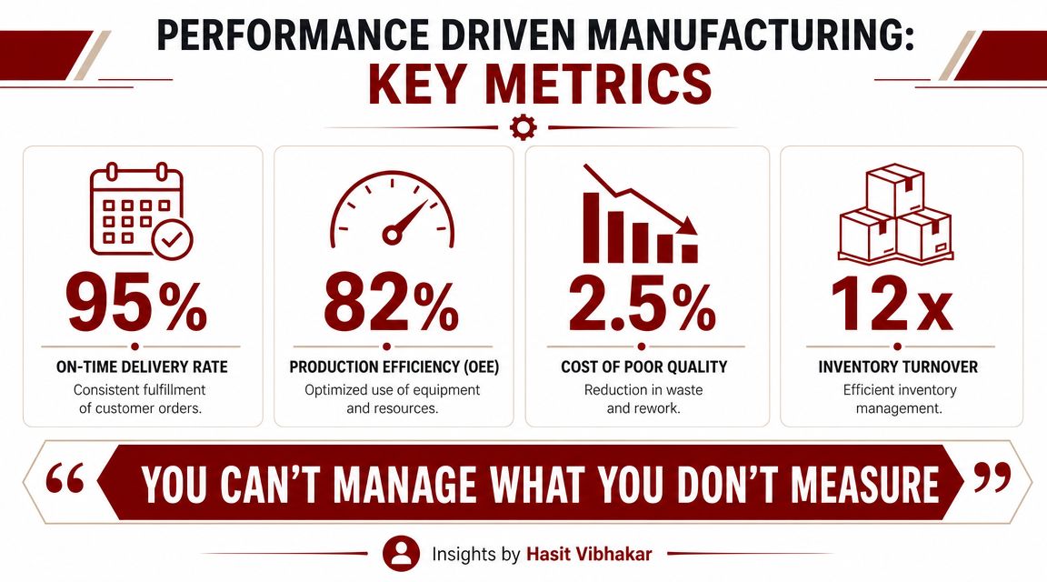 A performance metrics infographic for manufacturing, highlighting on-time delivery, OEE, quality costs, and inventory turnover figures.