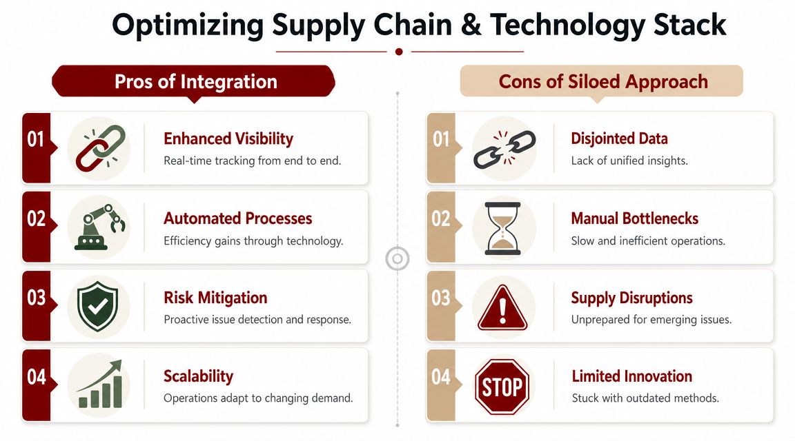 A comparison chart showing the benefits of integrated supply chain systems versus the drawbacks of siloed approaches.