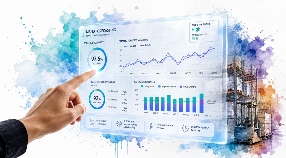 A digital display showing demand forecasting and inventory analytics with a hand interacting with the screen interface.