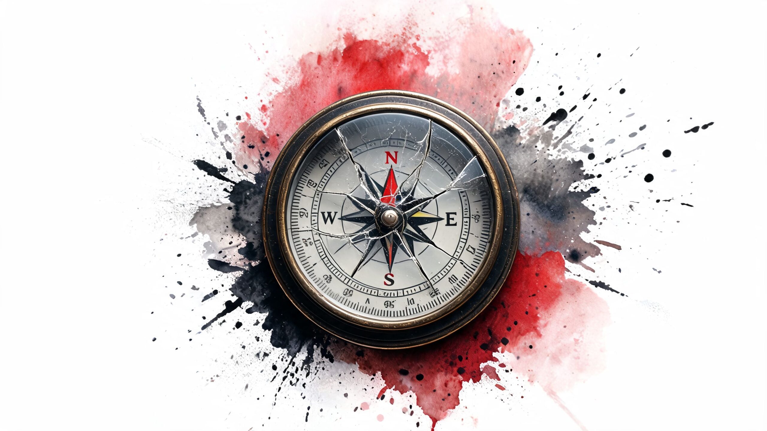 A cracked vintage compass centered over artistic red and black watercolor paint splashes on a white background.