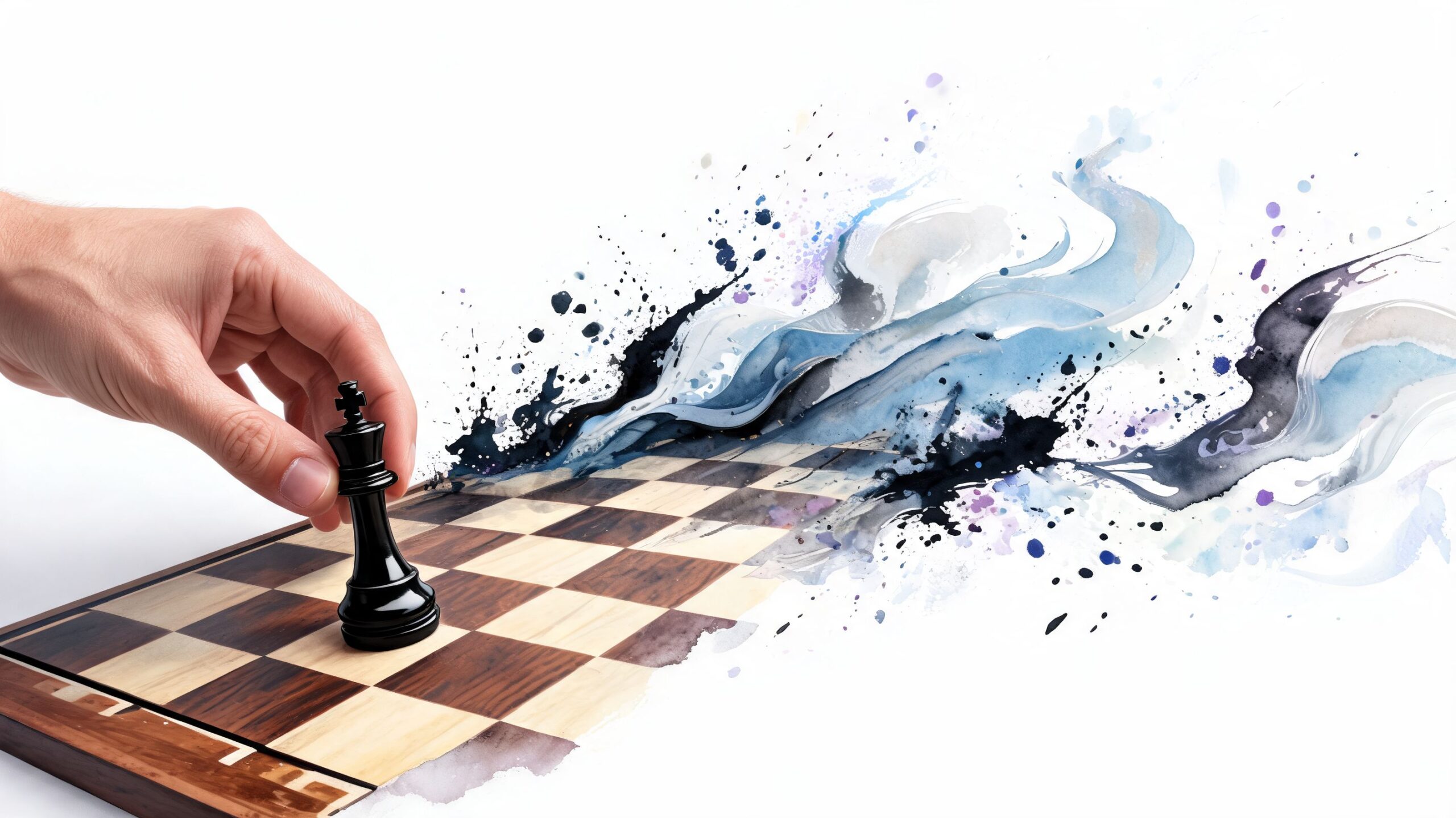 A hand placing a black chess king on a board transitioning into abstract watercolor paint splatters.