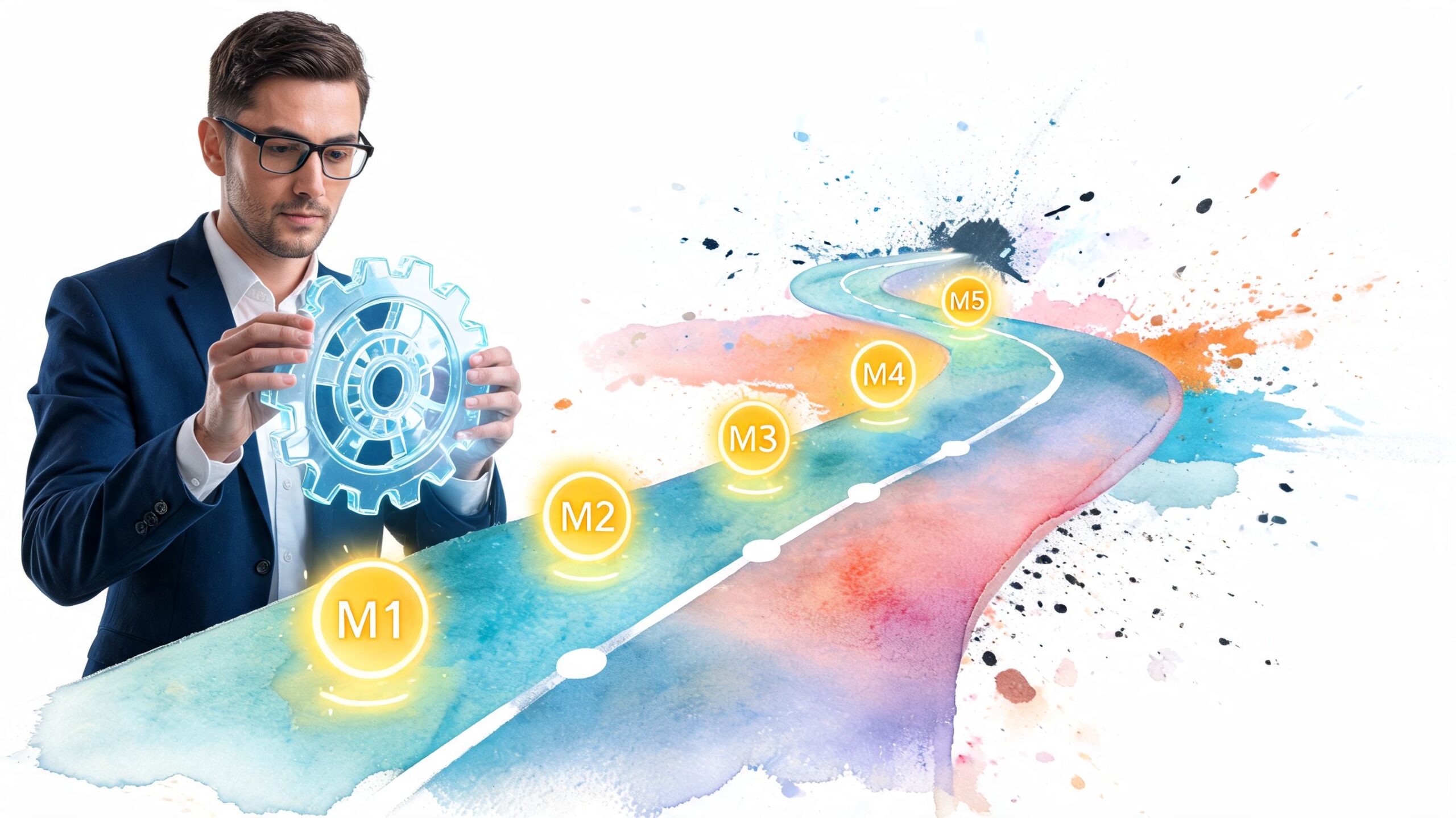 A businessman in a suit holds a digital gear above a roadmap infographic with five milestones.