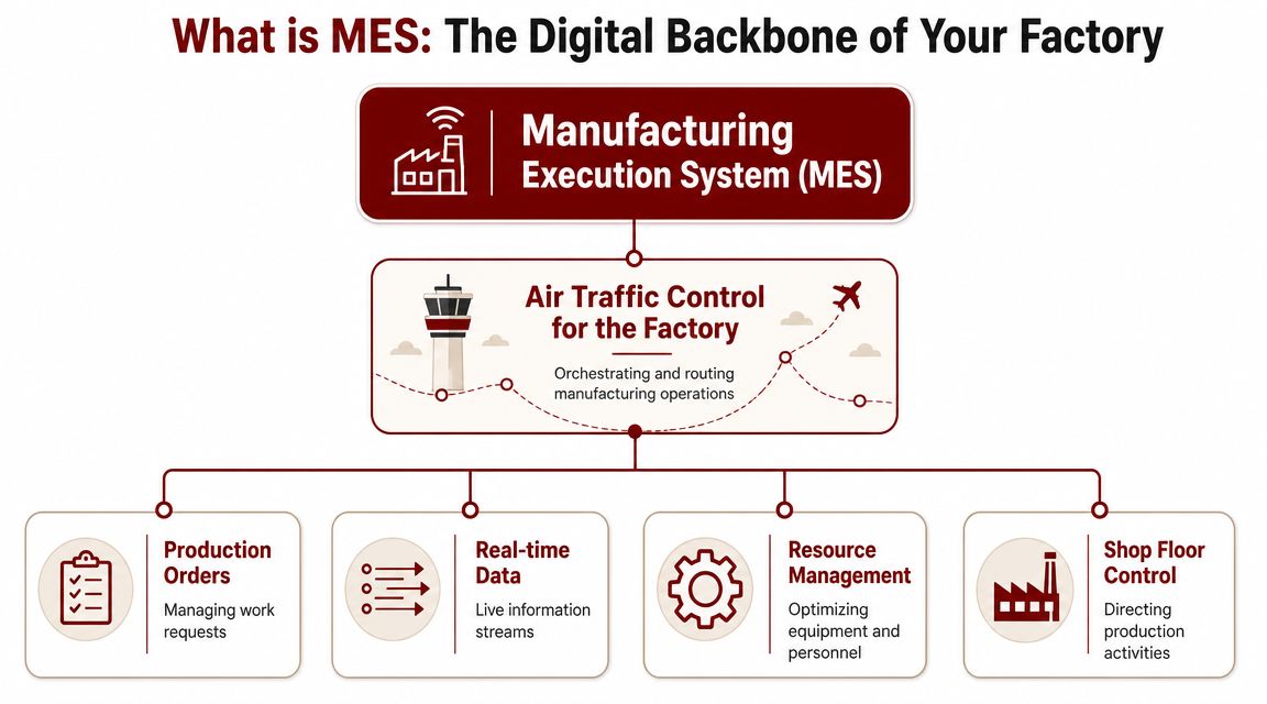 A diagram explaining the Manufacturing Execution System (MES) as the digital backbone and air traffic control for factories.