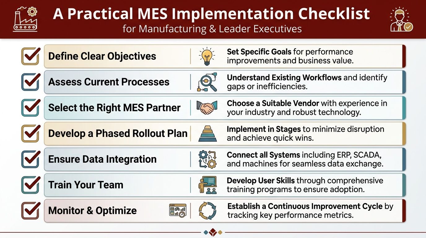 A checklist for manufacturing leaders outlining the seven key steps for a successful MES implementation project.