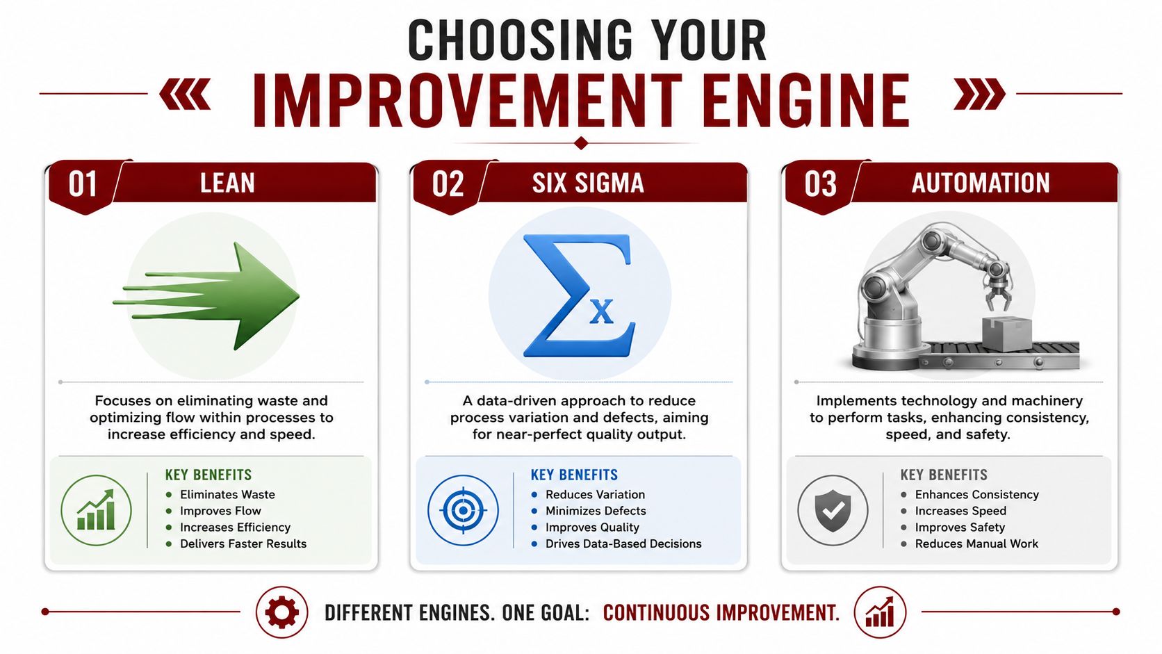 A diagram illustrating three business improvement engines: Lean, Six Sigma, and Automation for process enhancement.