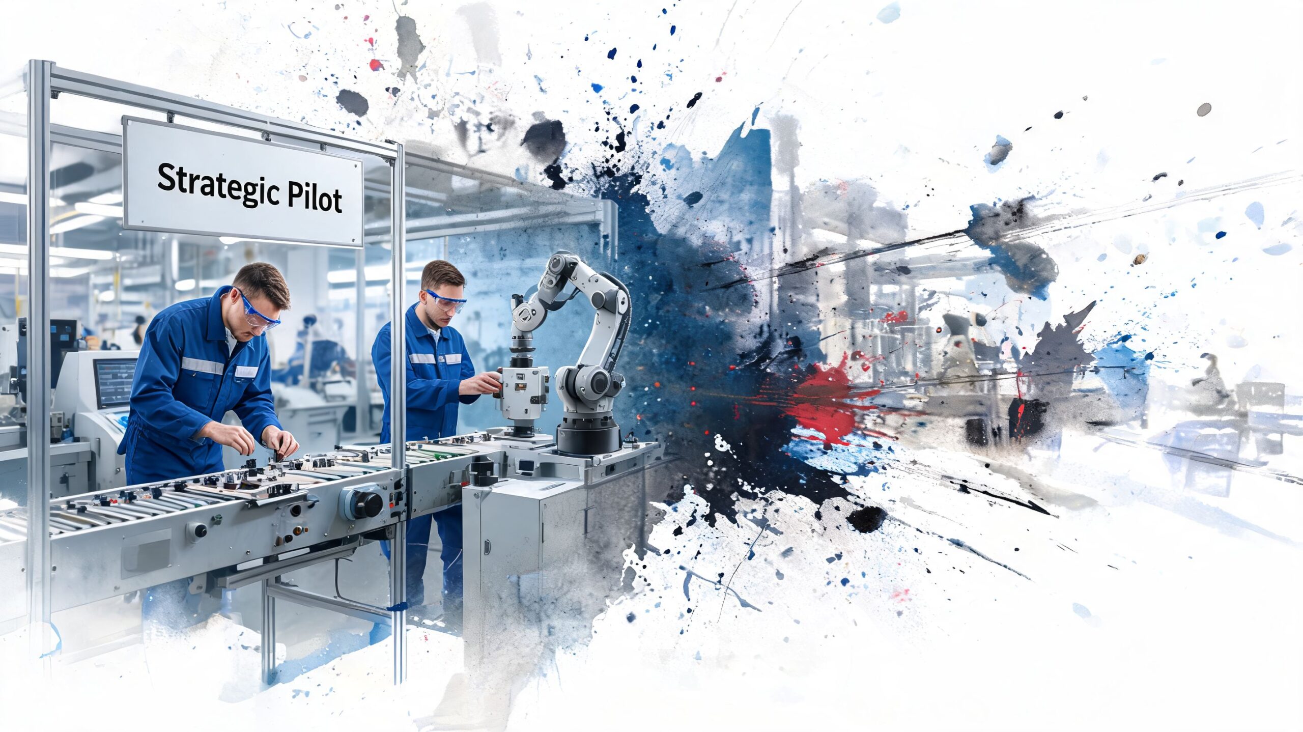 Two technicians in blue uniforms work on a manufacturing assembly line with a robotic arm.