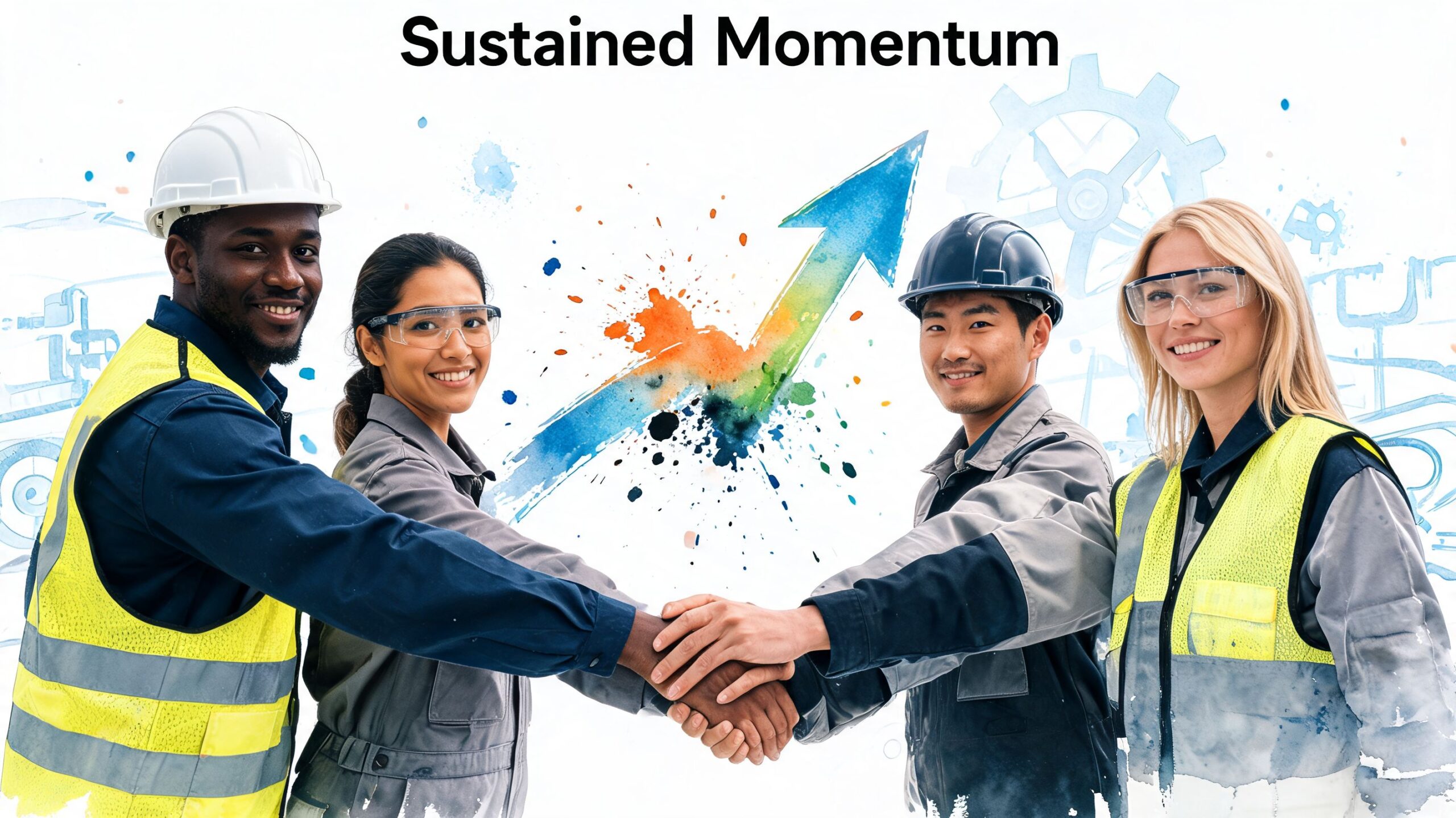 A diverse team of four industrial workers in safety gear joining hands in front of an arrow graphic.
