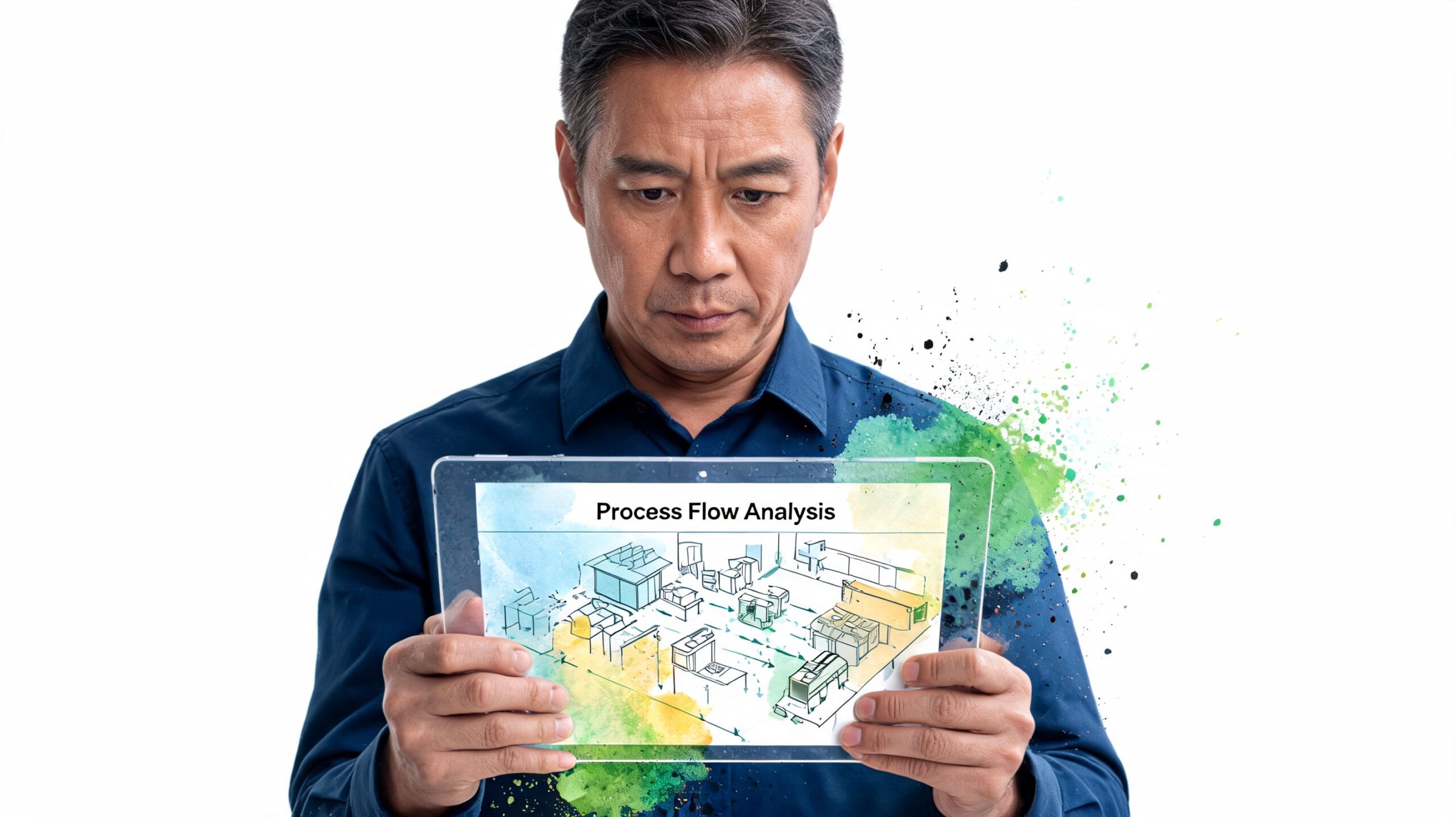 A professional man holding a glass tablet displaying a colorful digital process flow analysis manufacturing layout.