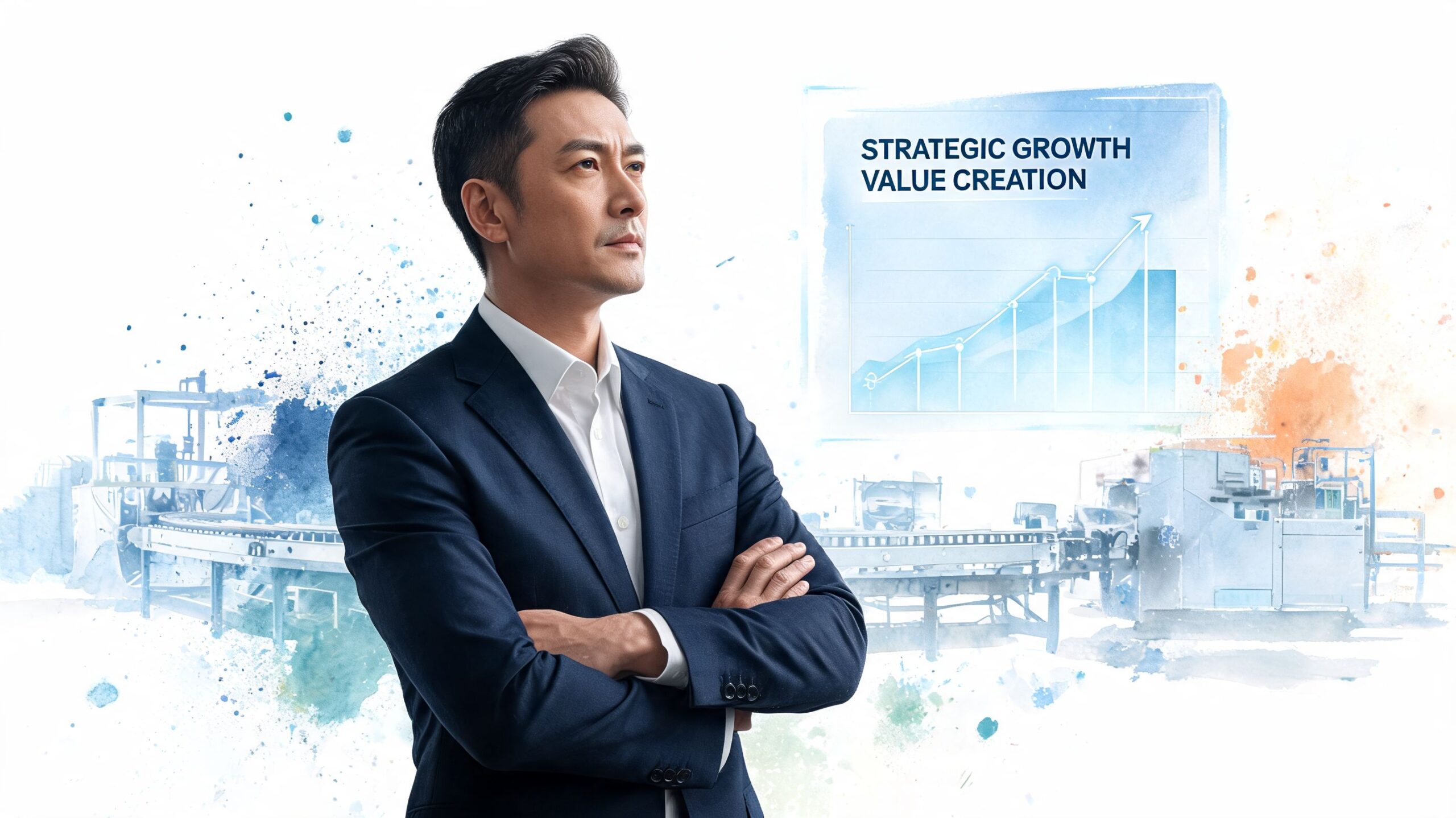 A professional businessman looking ahead with a growth chart representing strategic value creation in a manufacturing setting.