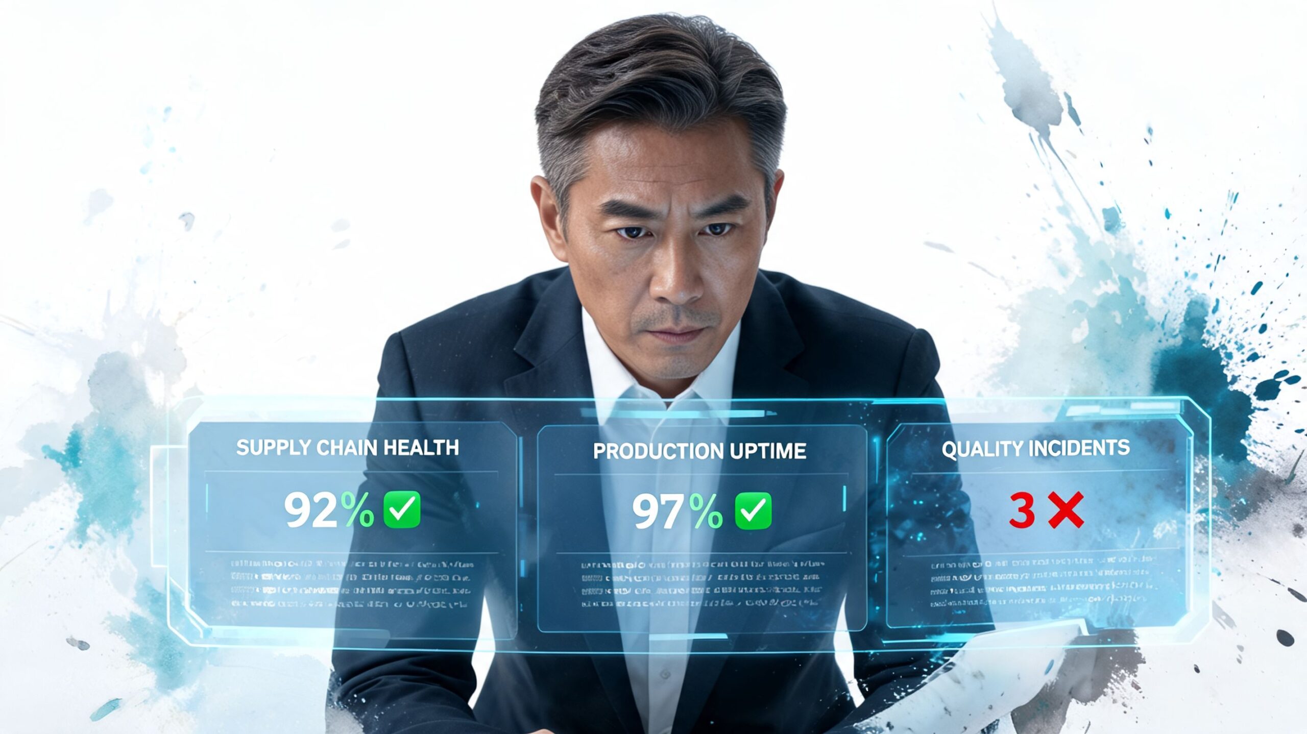 A professional man reviewing manufacturing data metrics on a futuristic digital holographic interface display.
