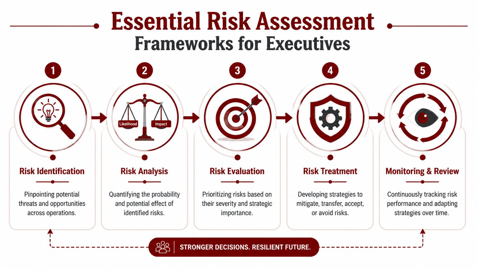 A five-step business process flow chart outlining the essential risk assessment framework for executive management.