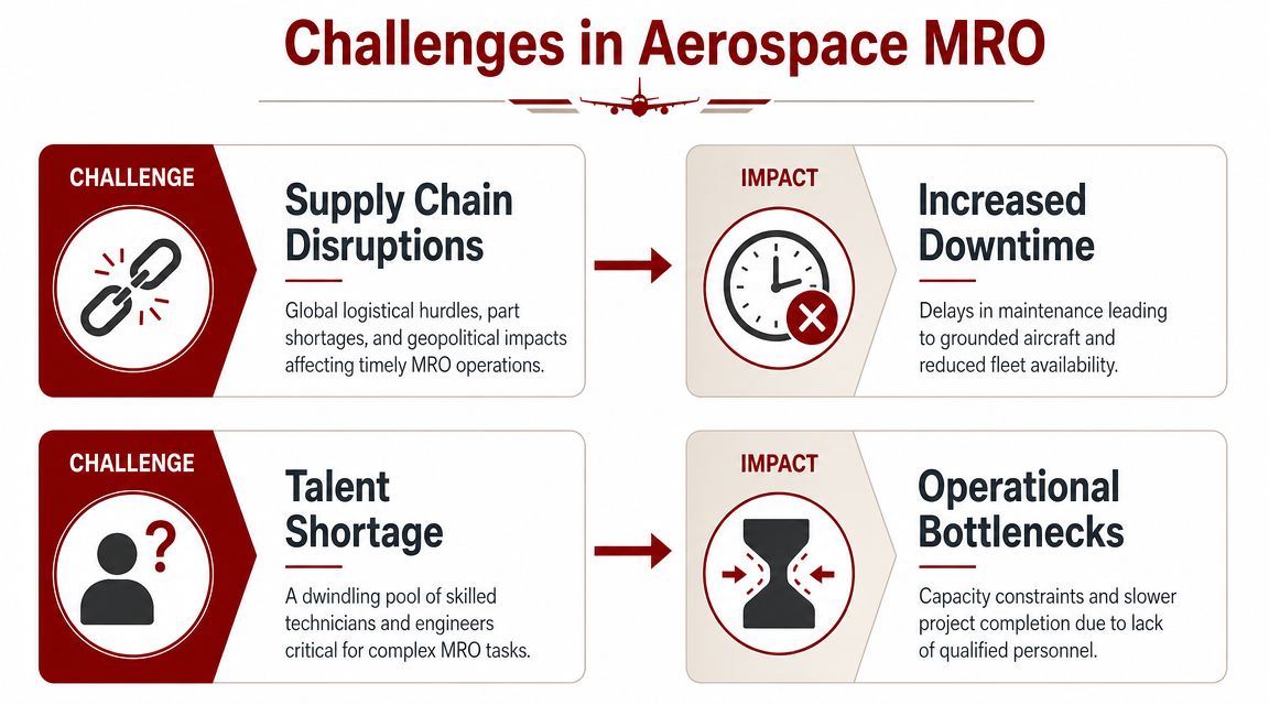An infographic detailing major challenges in aerospace MRO, including supply chain disruptions and talent shortage impacts.