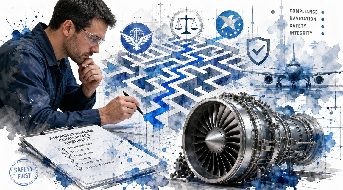 An aerospace technician reviewing an airworthiness compliance checklist while analyzing a complex engine maintenance process.