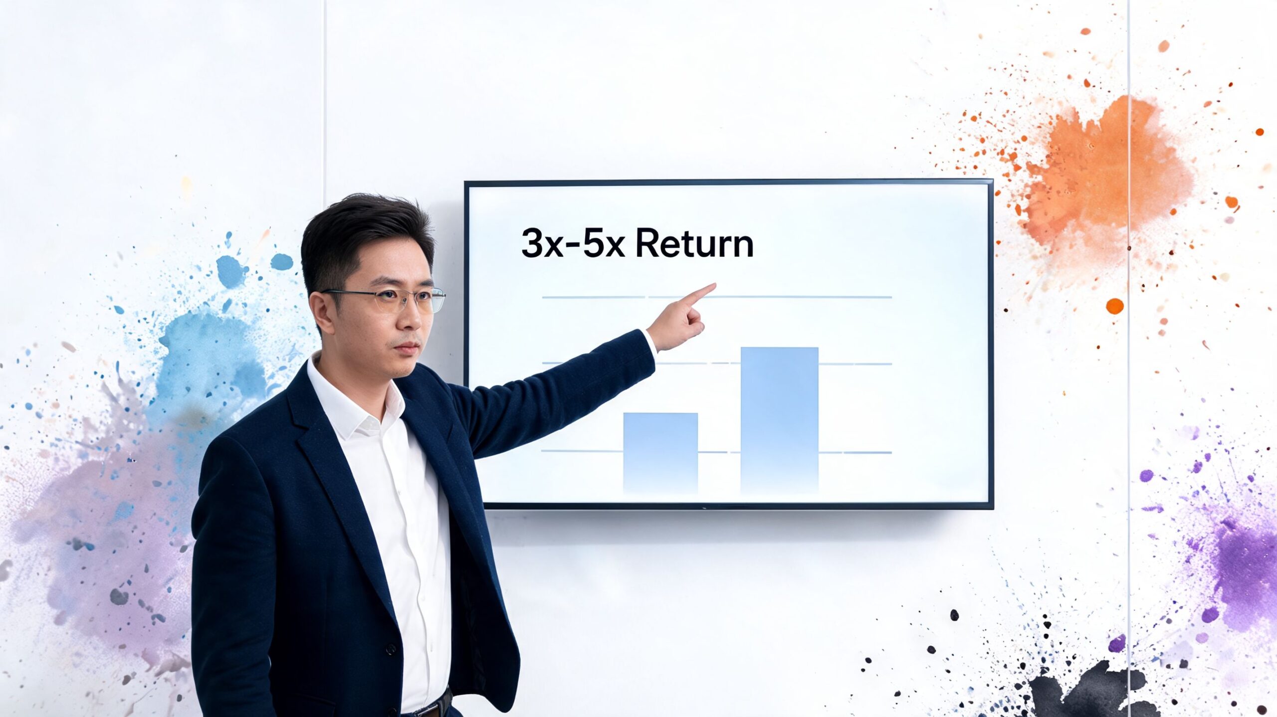A professional man in a suit pointing at a bar graph titled 3x-5x Return on a screen.