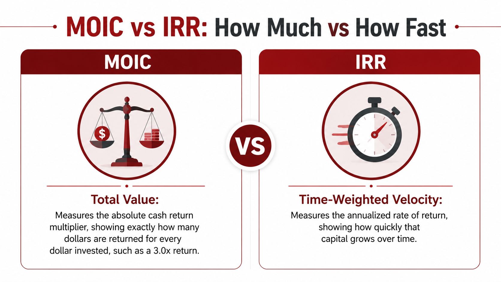 A side-by-side infographic comparing MOIC as total cash return and IRR as annualized time-weighted velocity.