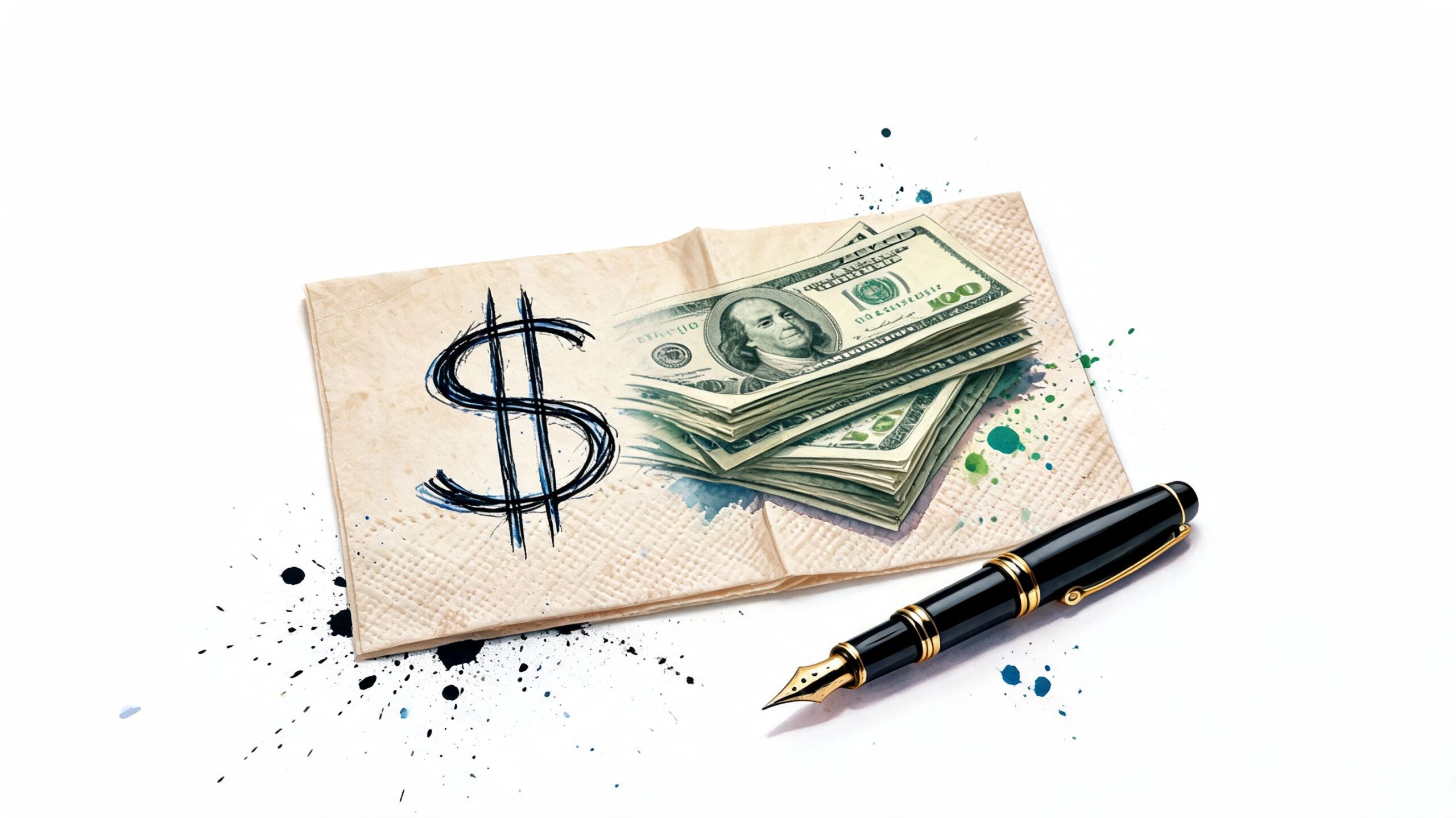 A stack of hundred-dollar bills sits on a napkin next to a fountain pen and dollar sign