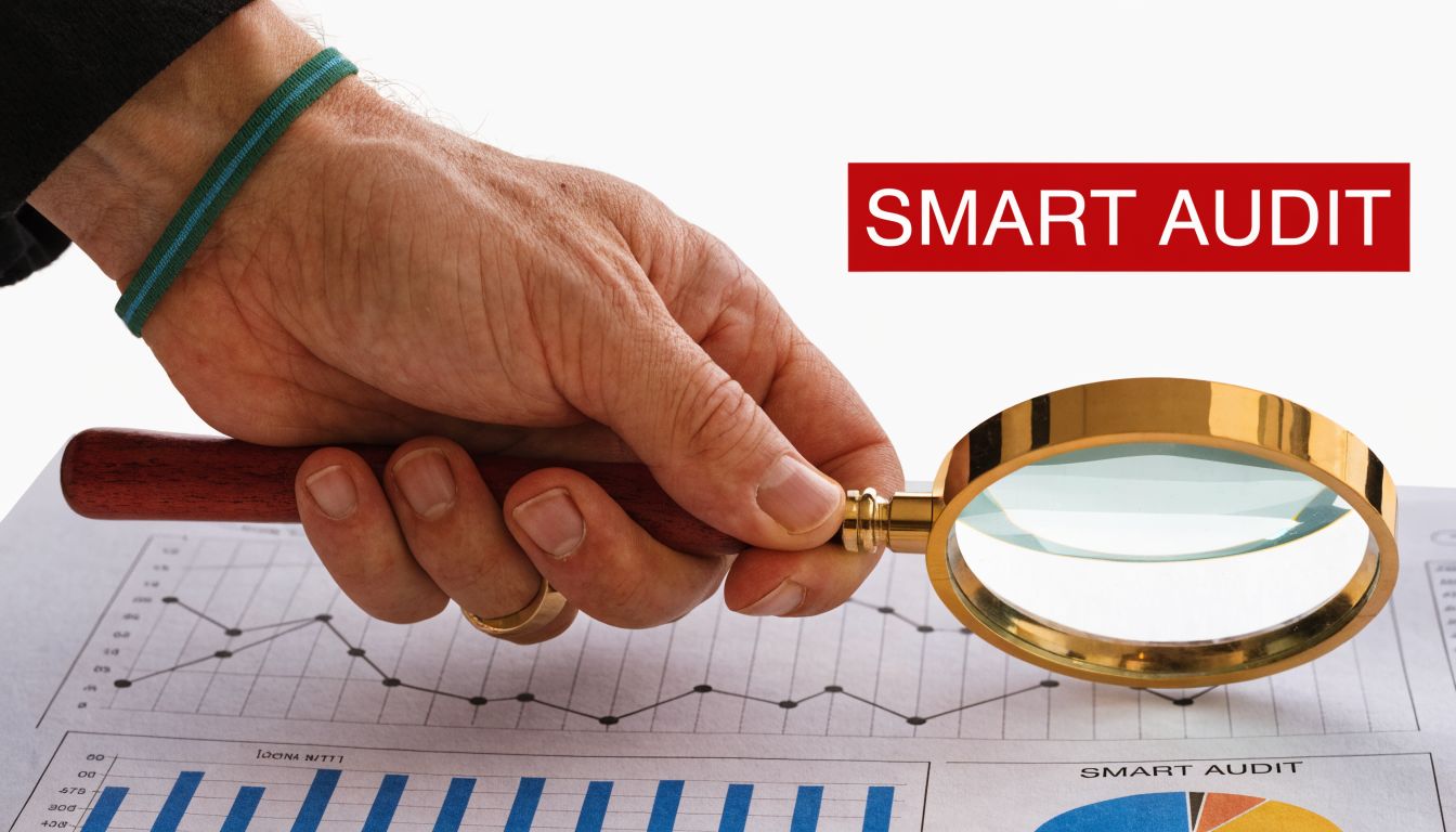 A person using a magnifying glass to closely examine financial data on a printed business document.