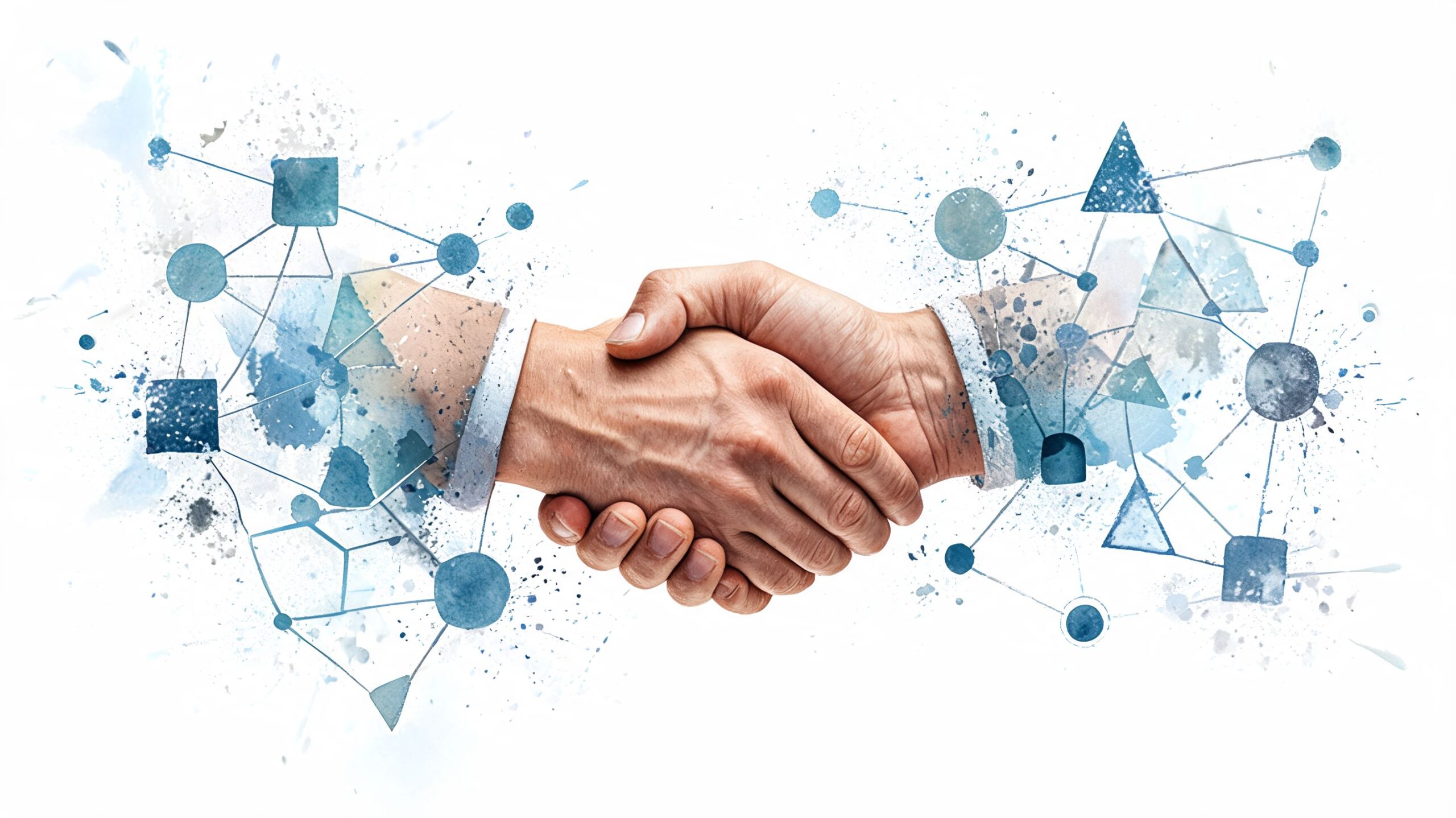 A professional handshake integrated with abstract digital network connections and watercolor splatters against a white background.