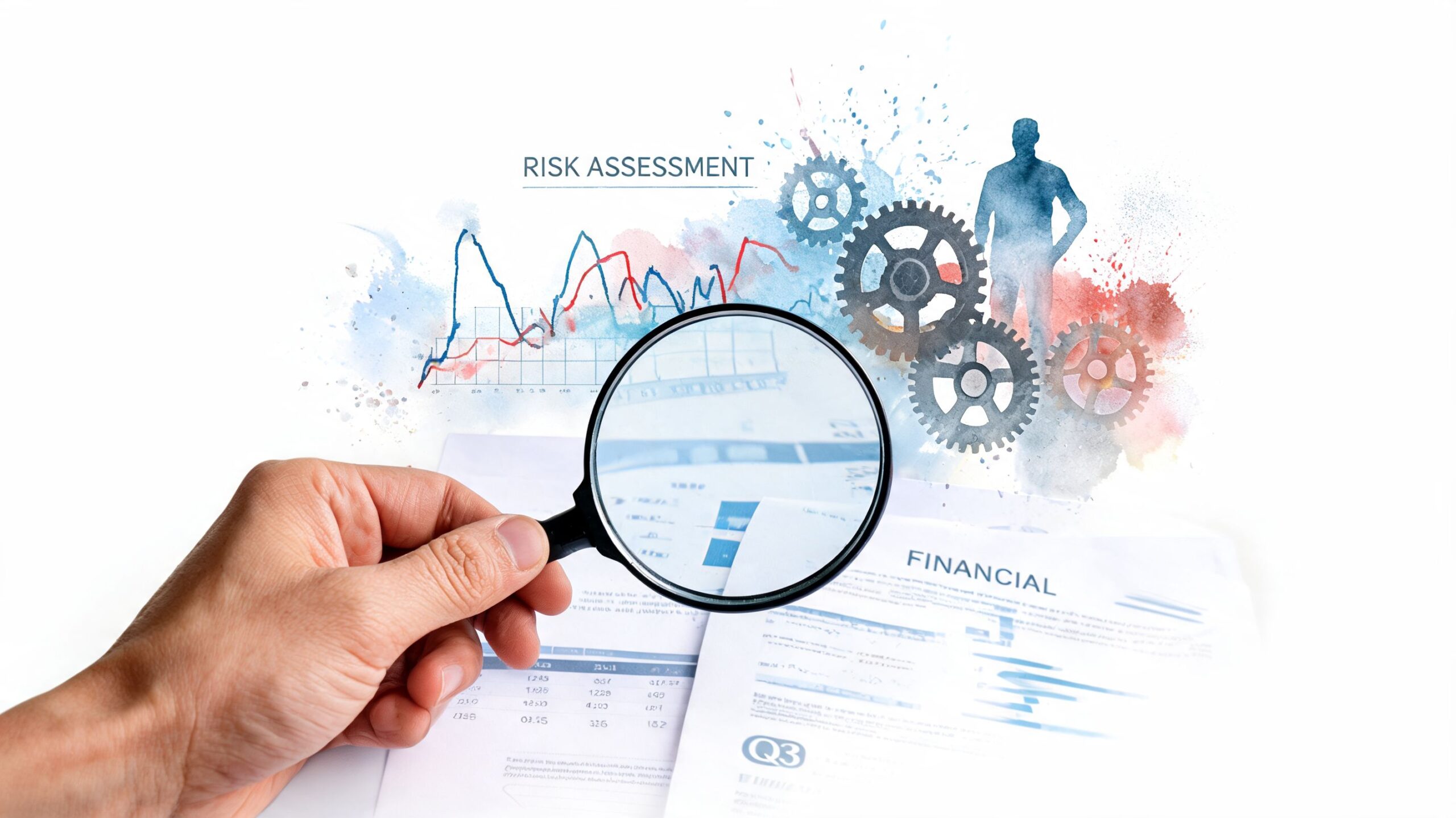 A hand holding a magnifying glass over financial documents with a risk assessment concept art overlay.