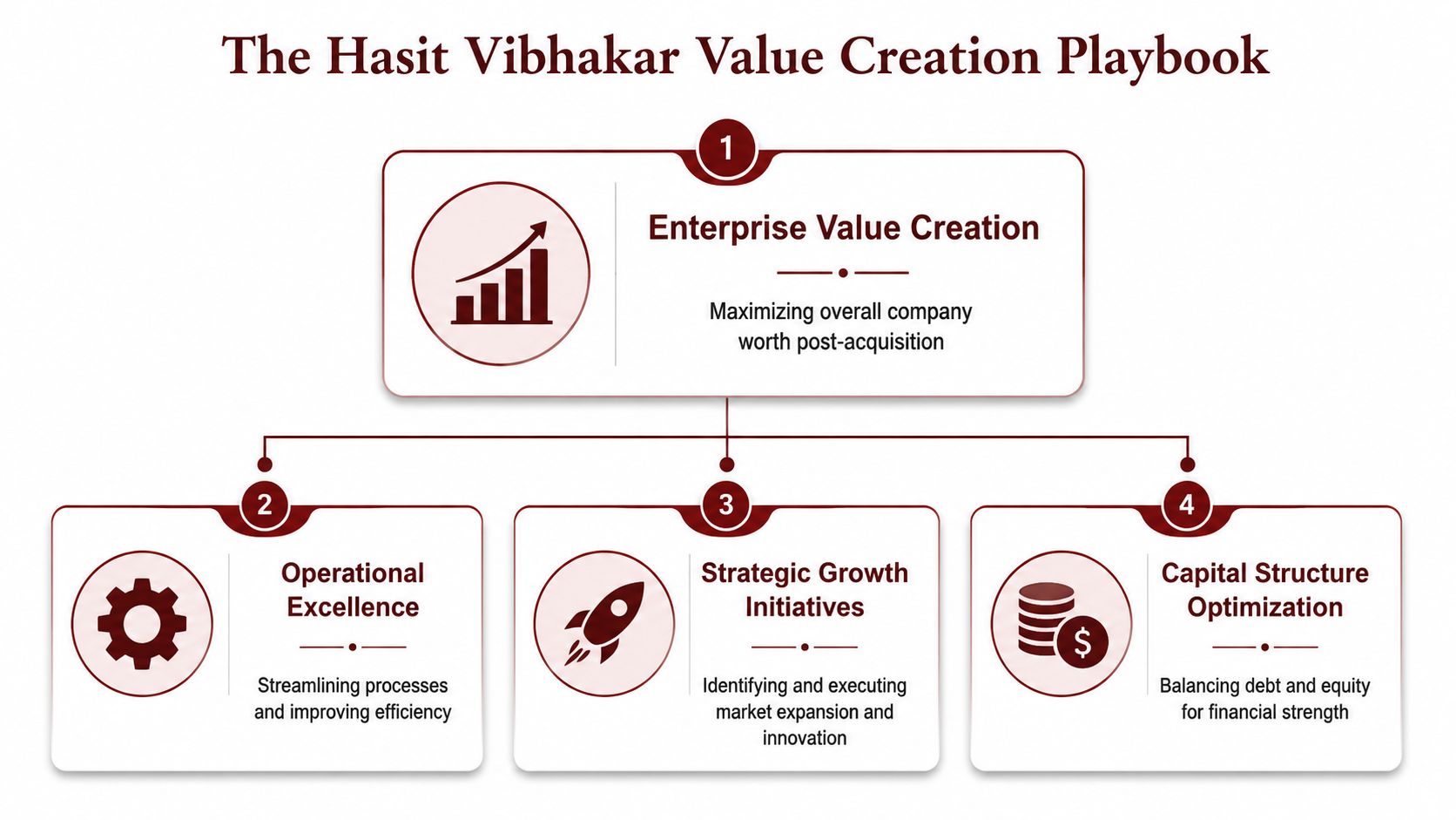 A diagram outlining the Hasit Vibhakar value creation playbook for post-acquisition enterprise growth and optimization strategies.