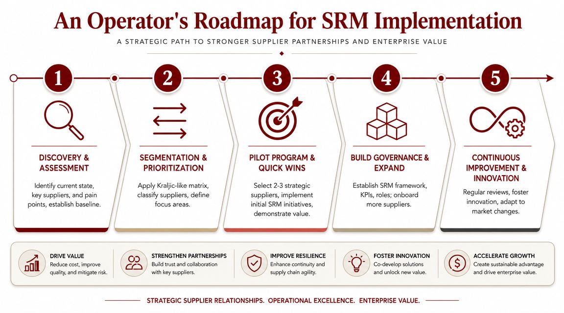 A five-step roadmap for supplier relationship management implementation, highlighting strategy, governance, and continuous improvement for business value.