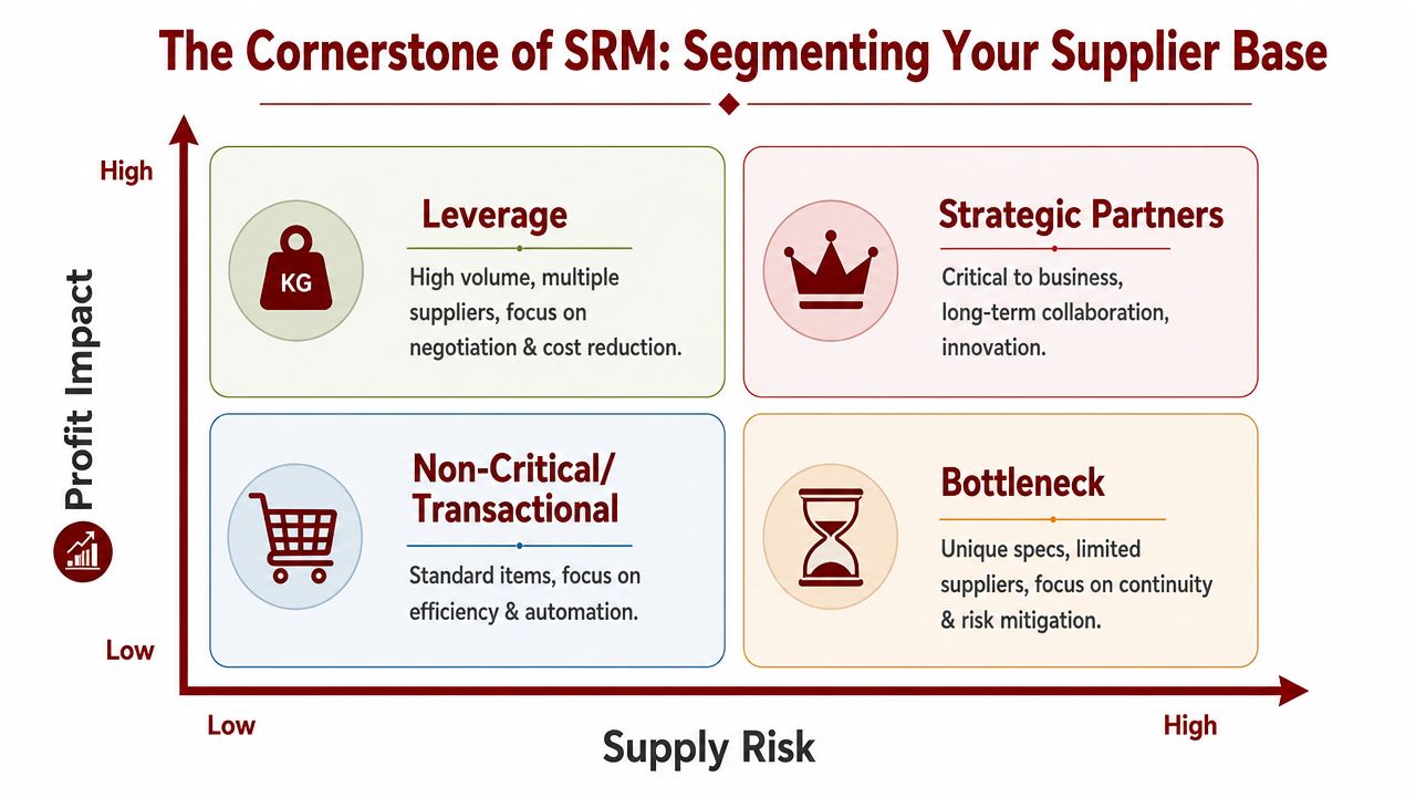 A 2x2 matrix chart illustrating supplier relationship management strategies based on profit impact and supply risk.