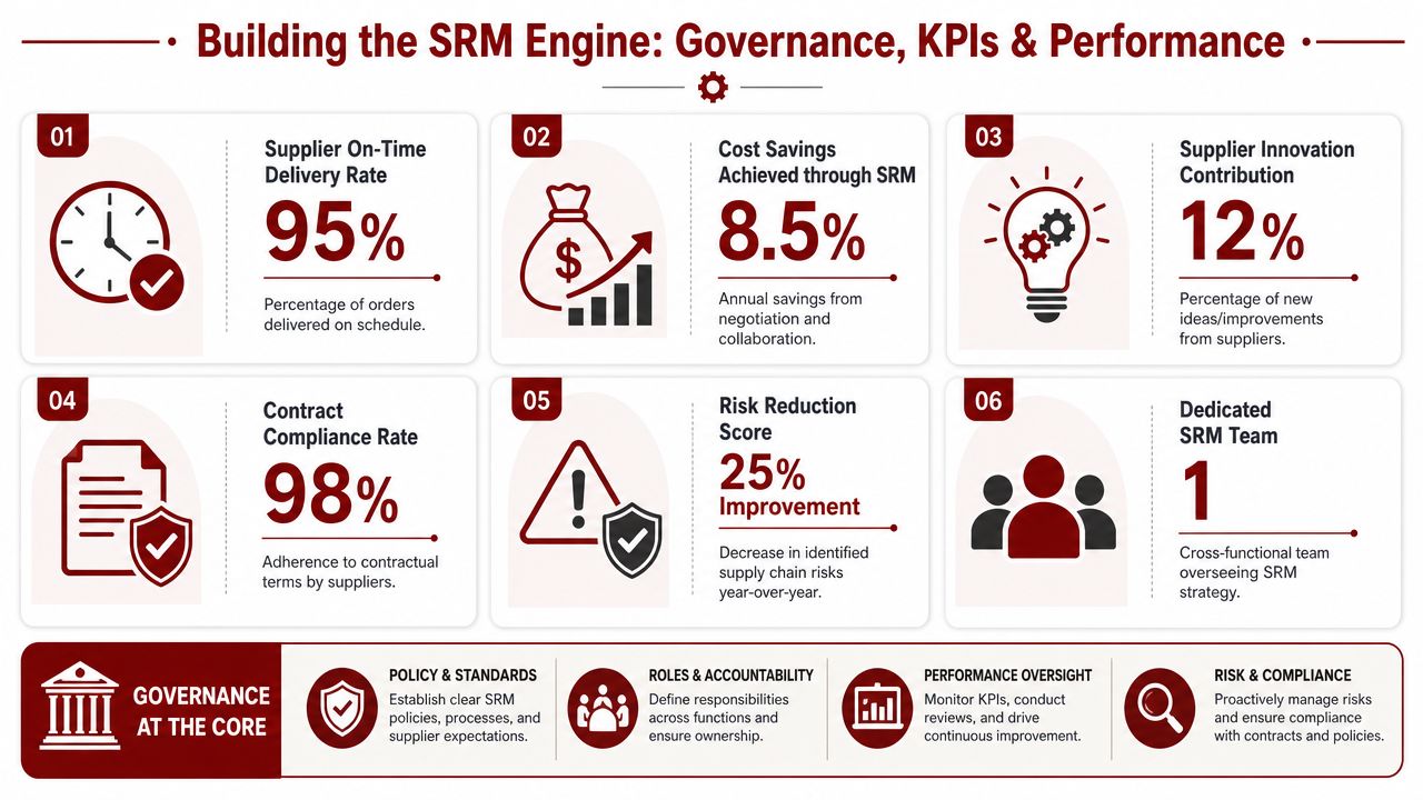 An infographic titled Building the SRM Engine displaying six key performance indicators and governance pillars for supplier management.