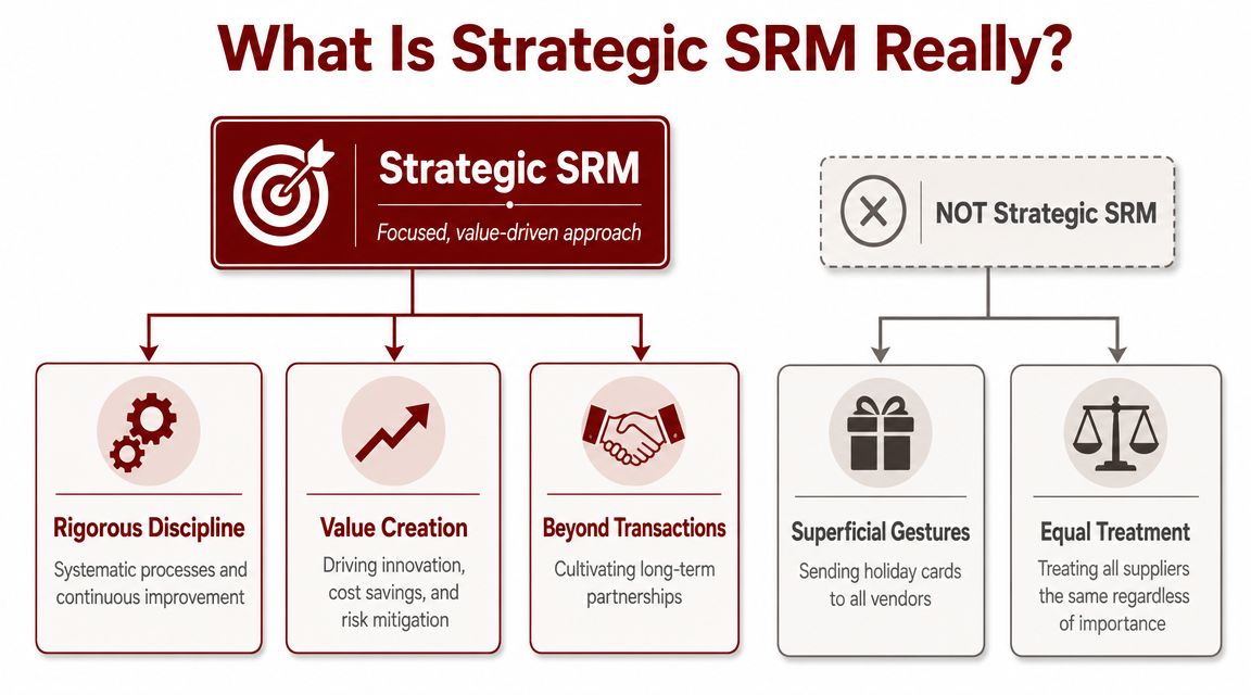 A diagram comparing Strategic Supplier Relationship Management with non-strategic approaches like superficial gestures and equal vendor treatment.
