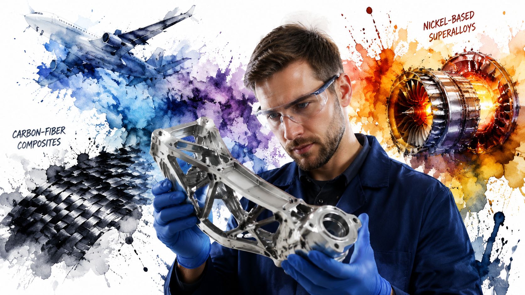 A technician in safety goggles and gloves inspecting a precision-engineered aerospace metal component with aircraft visual elements.