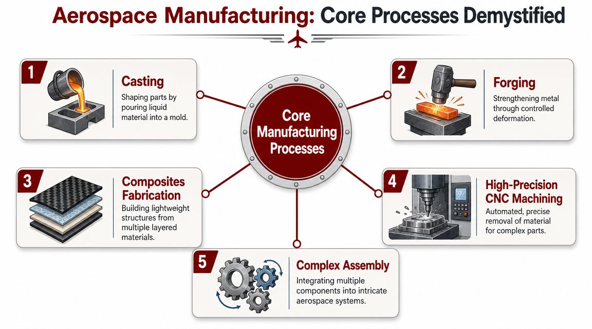 An infographic illustrating five core aerospace manufacturing processes including casting, forging, composites, CNC machining, and complex assembly.