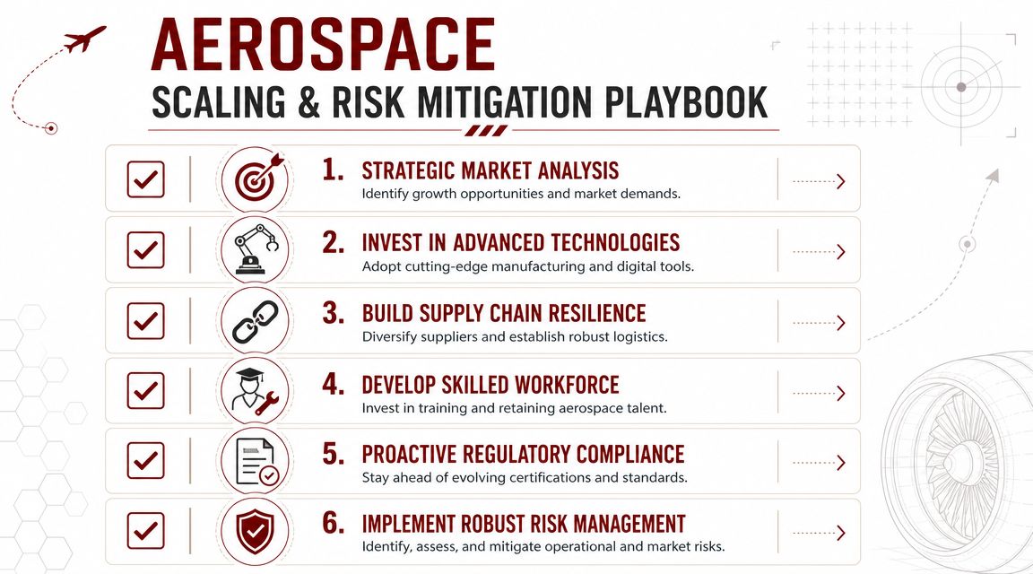 An infographic titled Aerospace Scaling & Risk Mitigation Playbook listing six strategic steps for industry growth.